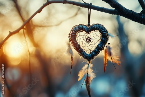 A heart-shaped dreamcatcher hanging from a tree branch, softly swaying in the breeze