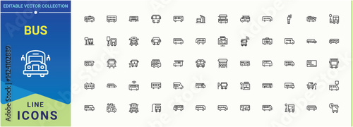 Bus icon collection. School Bus icon set. Minimalist editable vector stroke. Contain linear sign shuttle, car, transport, transportation and more. Vector collections.