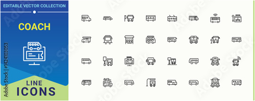 Coach icon set. It contains symbols to car, transport, shuttle. Bus icon. Line icons with editable stroke. Editable stroke. Pixel Perfect.