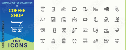 Coffee Shop simple icon set. Included teria, table, shop, drink, cook and more. Cafe vector icon set. Minimalist icons collection. Pixel perfect. Editable stroke.