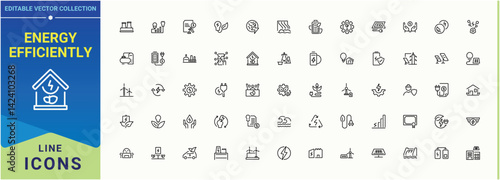 Energy Efficiently line icon set. Contains outline symbols like environment, electric, power, ecology and more. Environment icon set. Outline symbol collection. Pictogram and infographic.