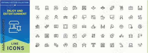 Set of Enjoy line icon. Contain linear sign celebrate, ment, joy, event, birthday and more. Minimal linear icons. Entertainment  vector line icon set. Editable stroke. Pixel Perfect.