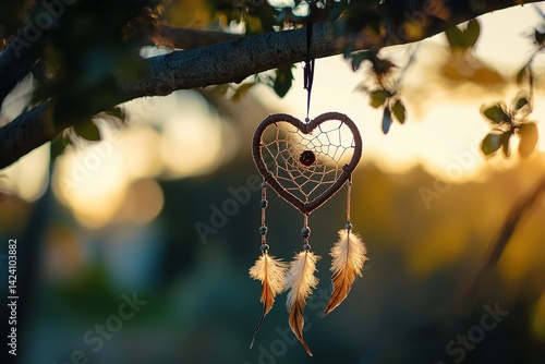 A heart-shaped dreamcatcher hanging from a tree branch, softly swaying in the breeze
