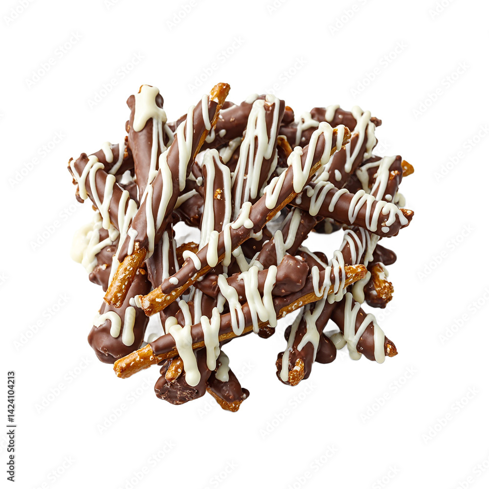 Isolated pile of chocolate covered pretzel sticks drizzled with white chocolate