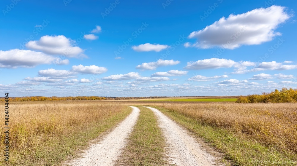 Scenic country road through golden autumn fields under a vibrant blue sky Scenic country road through golden autumn fields under a vibrant blue sky