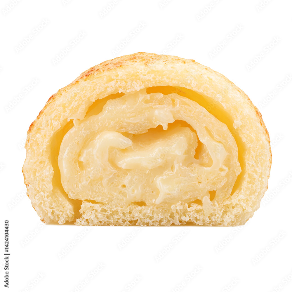 Isolated creamy Swiss roll cake snack on a white background Isolated creamy Swiss roll cake snack on a white background
