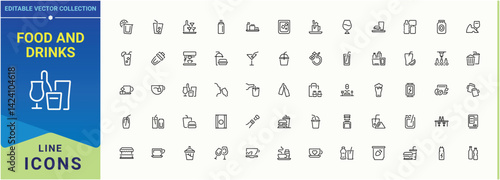 Food And Drinks icon pack. Modern linear icons. Contains outline symbols like drink, breakfast, vegetable, eat, fast, food. Vector illustration. Vegetable icon set.