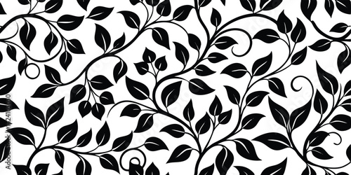black and white seamless vector pattern featuring artistic floral vines and leaves with elegant curves