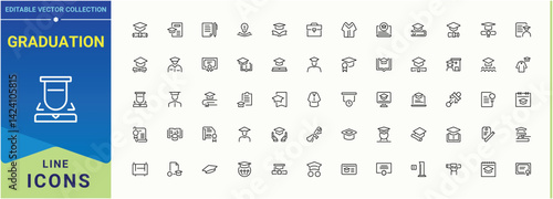 Graduation modern icon set. Icons for UI designs. Editable stroke. Vector illustration. Academic icon set. Contain linear symbols education, graduate, study, bachelor, university and more.