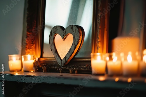 A heart-shaped picture frame resting on a mantelpiece, surrounded by candles
