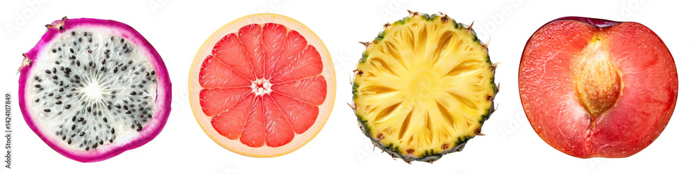 PNG Colorful sliced tropical fruits, element set on transparent background