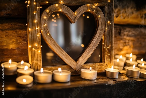 A heart-shaped picture frame resting on a mantelpiece, surrounded by candles
