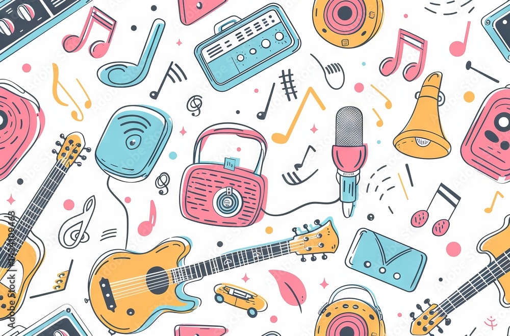 A seamless pattern filled with doodles of musical notes, sheet music, and various instruments, including guitars, violins, and drums, arranged in a harmonious composition, vibrant colors, A seamless pattern filled with doodles of musical notes, sheet music, and various instruments, including guitars, violins, and drums, arranged in a harmonious composition, vibrant colors,