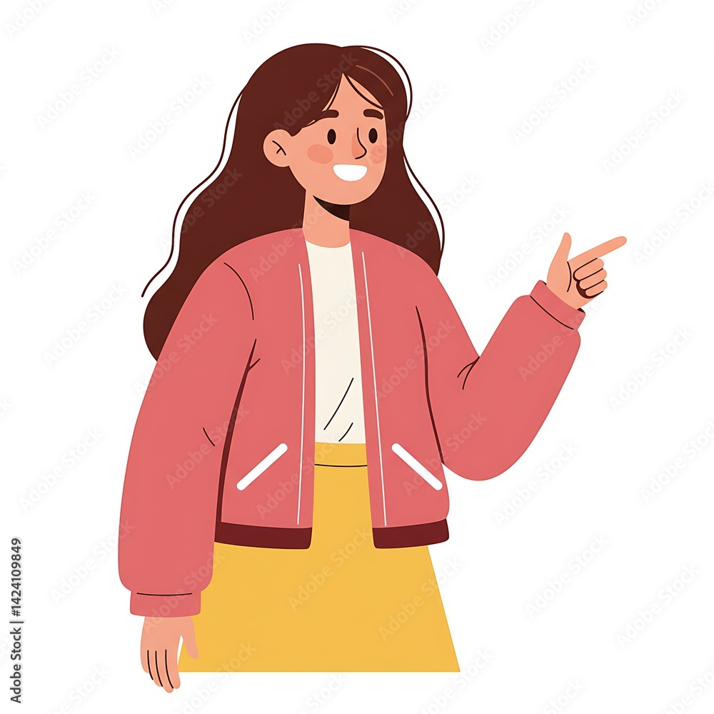 Illustration of a smiling woman with brown hair pointing her finger wearing a pink jacket and yellow skirt Illustration of a smiling woman with brown hair pointing her finger wearing a pink jacket and yellow skirt