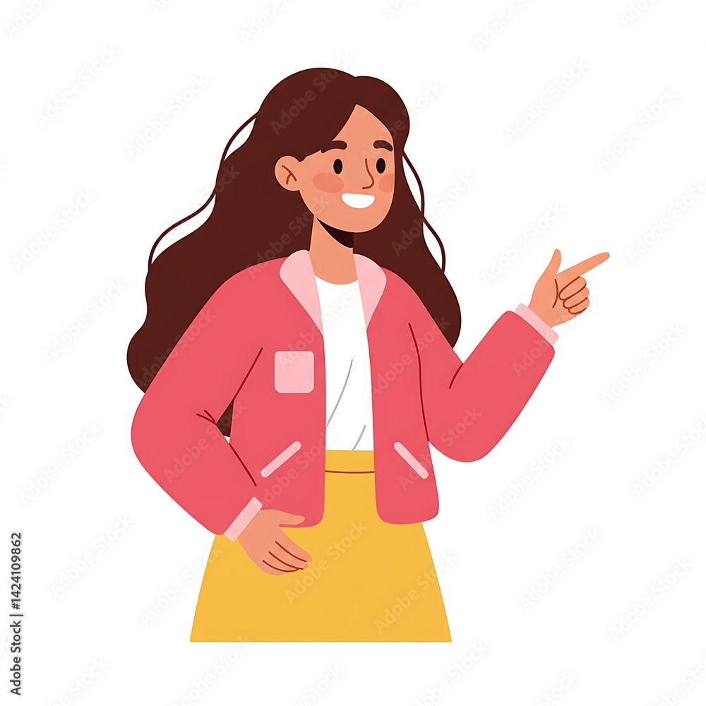 Illustration of a woman with brown hair pointing to the right wearing a pink jacket and yellow skirt Illustration of a woman with brown hair pointing to the right wearing a pink jacket and yellow skirt