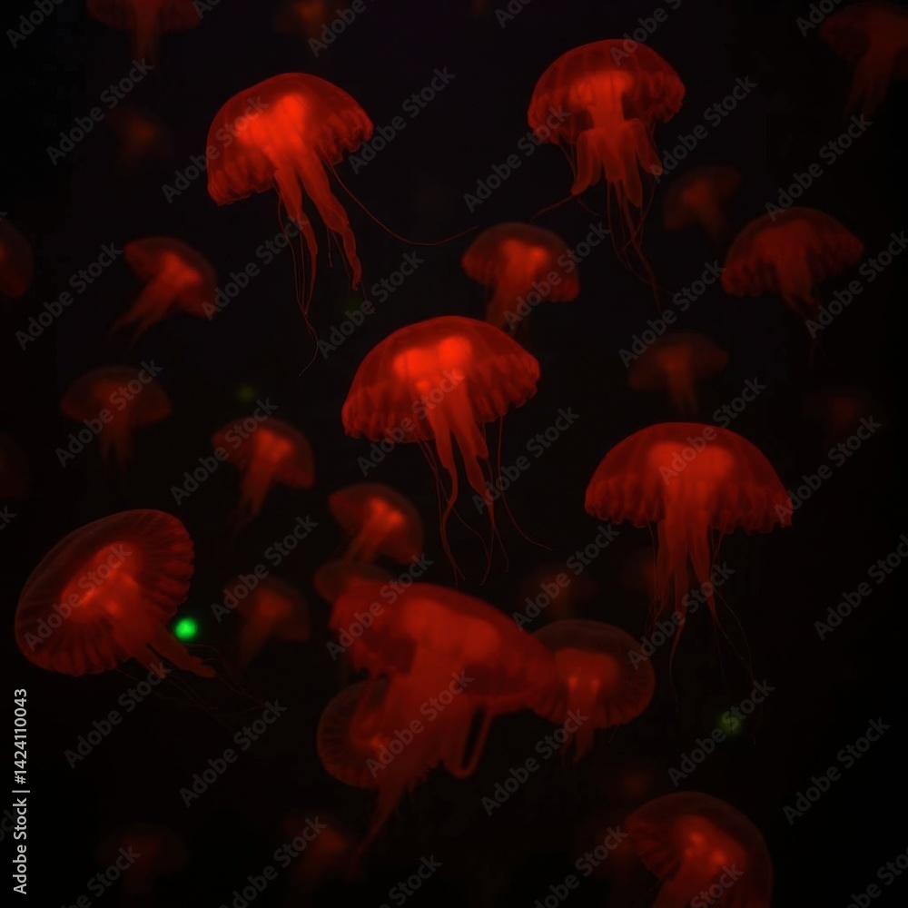 Naklejka premium Crimson Jellyfish Swarm: A Dark Aquatic Ballet