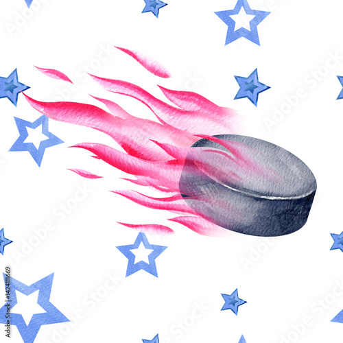 seamless pattern of hockey theme, watercolor puck flying in a crimson flame, textured gradient blue stars, hand drawn illustration, abstract background of winter ice sport
