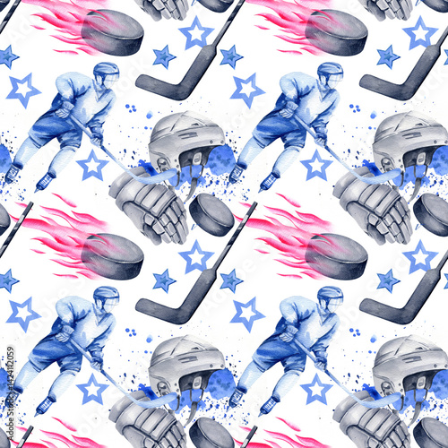 hockey players with sticks in motion, puck flying in a crimson fire flame, puck, stars and black skates, helmet, glove, splash, hand drawn illustration, watercolor seamless pattern of winter ice sport