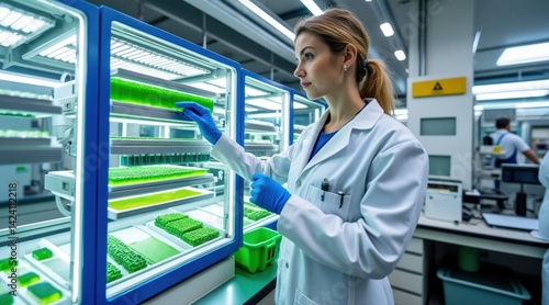 Wallpaper Mural A scientist in a lab coat examines algae samples in a high-tech laboratory, showcasing advanced research in biotechnology. Torontodigital.ca