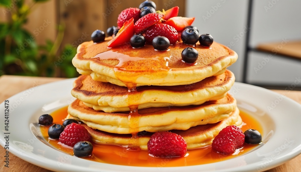 Stack Of Fluffy Pancakes With Fresh Berries And Maple Syrup Drizzle Stack Of Fluffy Pancakes With Fresh Berries And Maple Syrup Drizzle