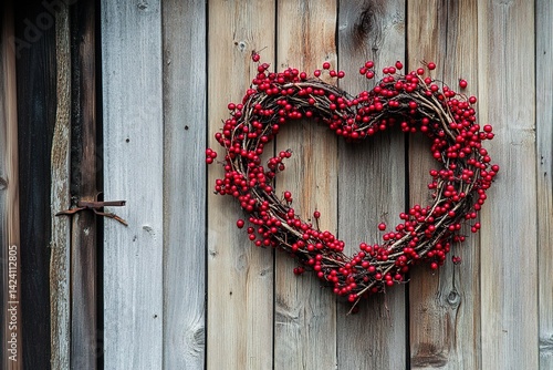 A heart-shaped wreath made of twigs and berries hanging on a rustic wooden door.