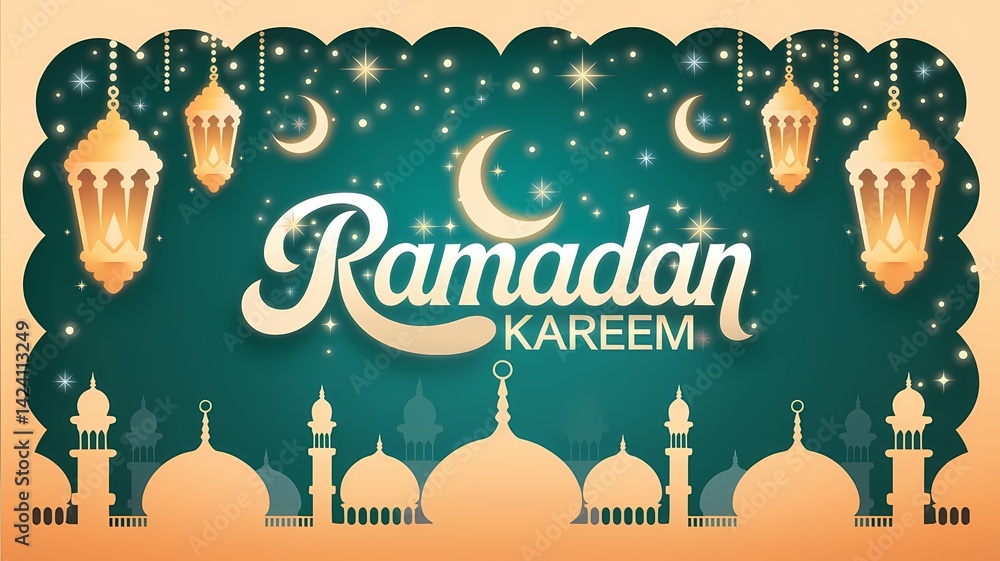 Naklejka premium Festive vibrant Ramadan design featuring glowing lanterns crescent moons sparkling stars mosque silhouettes on rich teal background with elegant white Ramadan Kareem typography celebrating holy month