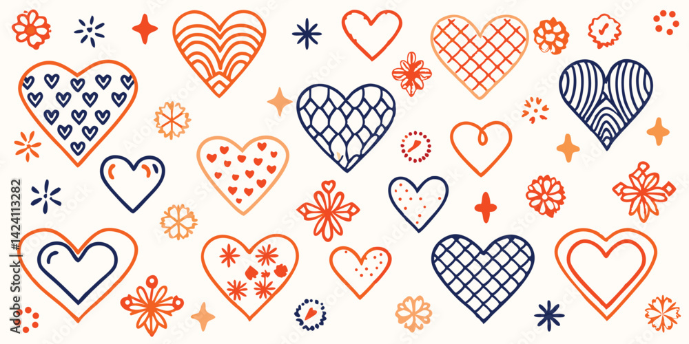 Seamless heart pattern with orange and blue hearts in different decorative styles on white background Seamless heart pattern with orange and blue hearts in different decorative styles on white background