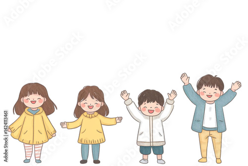 Joyful Children Illustration Smiling Raising Hands in Winter Clothes Isolated on Transparent Background