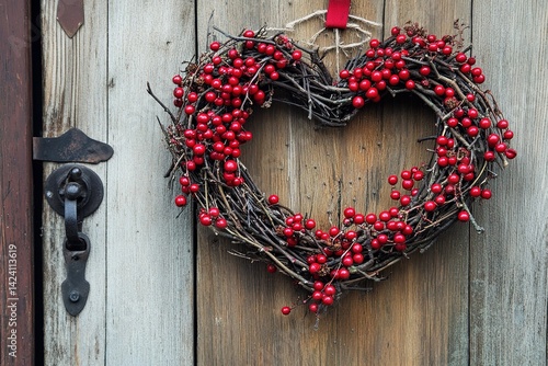 A heart-shaped wreath made of twigs and berries hanging on a rustic wooden door.