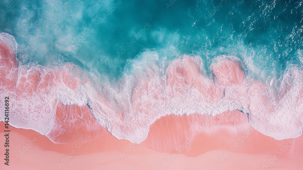 Fototapeta premium Aerial View Pink Sand Beach Turquoise Ocean Waves Summer Vacation Tropical Paradise Coastal Scene Relaxing Serenity Beautiful Nature Background Image Peaceful Idyllic Seascape Stunning Ocean View 