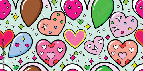 colorful seamless pattern featuring playful hearts, flowers and whimsical elements in bright vivid tones
