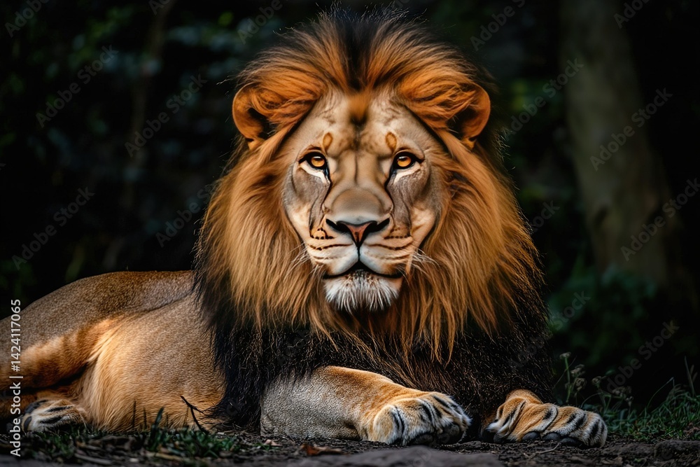 Fototapeta premium A majestic lion lying down with its mane flowing, looking out with regal eyes