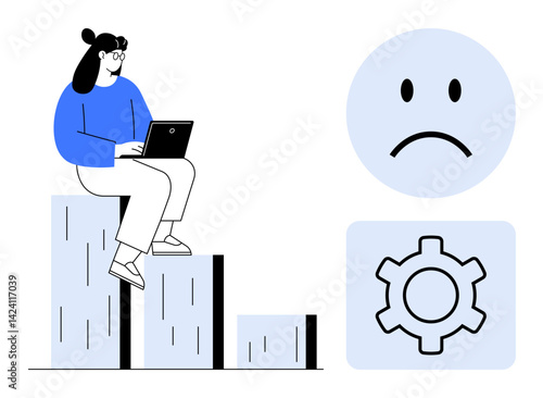 Woman using a laptop on bar graph, highlighting productivity challenge and automation with sad face and gear icon. Ideal for workplace stress, technology use, workflow optimization, personal growth