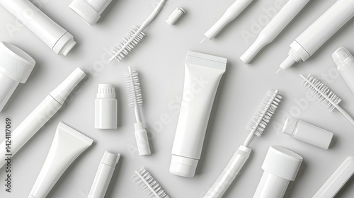 A collection of beauty products, including tubes, bottles, and brushes, arranged on a white background.