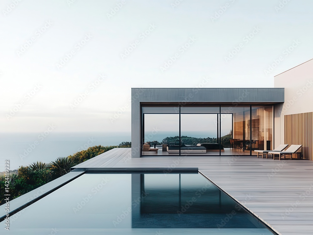 Fototapeta premium Stainless steelclad coastal home with rustresistant panels, panoramic ocean views, and seamless modern lines