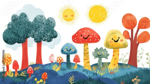 Colorful mushroom forest scene with trees, sun, and happy mushrooms