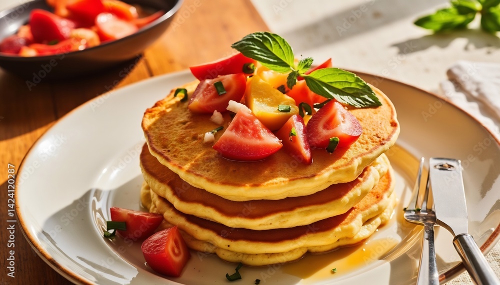Stack Of Pancakes Topped With Fresh Fruit And Mint Leaves On Table Stack Of Pancakes Topped With Fresh Fruit And Mint Leaves On Table