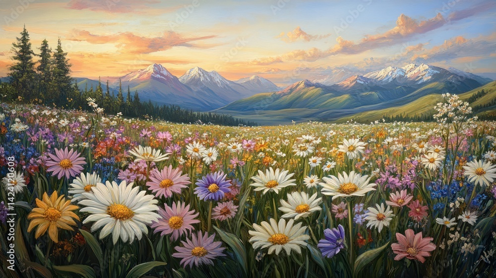Sunset mountain meadow wildflowers scenic landscape postcard Sunset mountain meadow wildflowers scenic landscape postcard