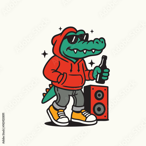Party Gator with a Drink. Cool Alligator with Speaker Vibes. Retro Swag Crocodile Character