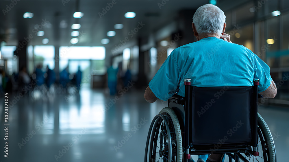 Obraz premium A man in a blue hospital gown is sitting in a wheelchair