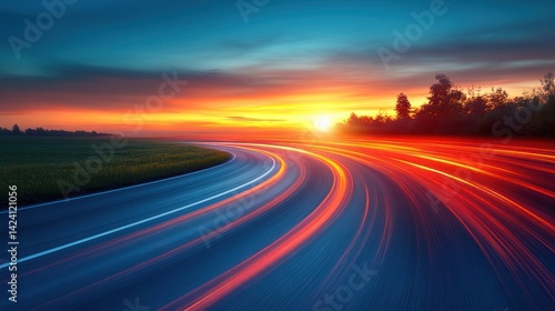 Vibrant colors fill the horizon as vehicles create streaks of light along a winding road