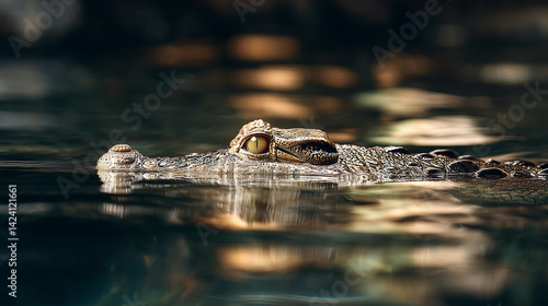 a baby crocodile was crossing the river slowly