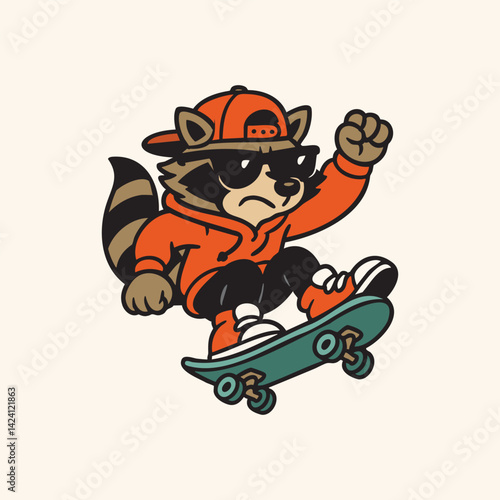 vintage illustration of cute raccoon playing skateboard jumping pose