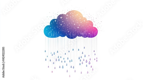 Colorful cloud with falling raindrops, adorned with stars
