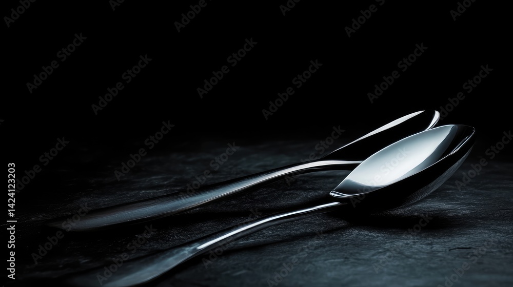 Elegant silverware set on dark surface Elegant silverware set on dark surface