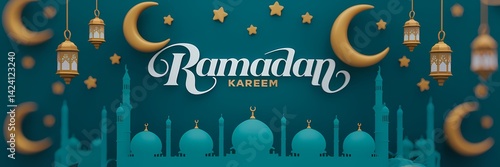 Wallpaper Mural Festive vibrant Ramadan design featuring glowing lanterns crescent moons sparkling stars mosque silhouettes on rich teal background with elegant white Ramadan Kareem typography celebrating holy month Torontodigital.ca