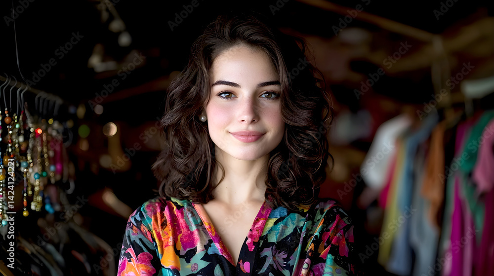 Obraz premium A woman is standing in a store with a floral print dress on