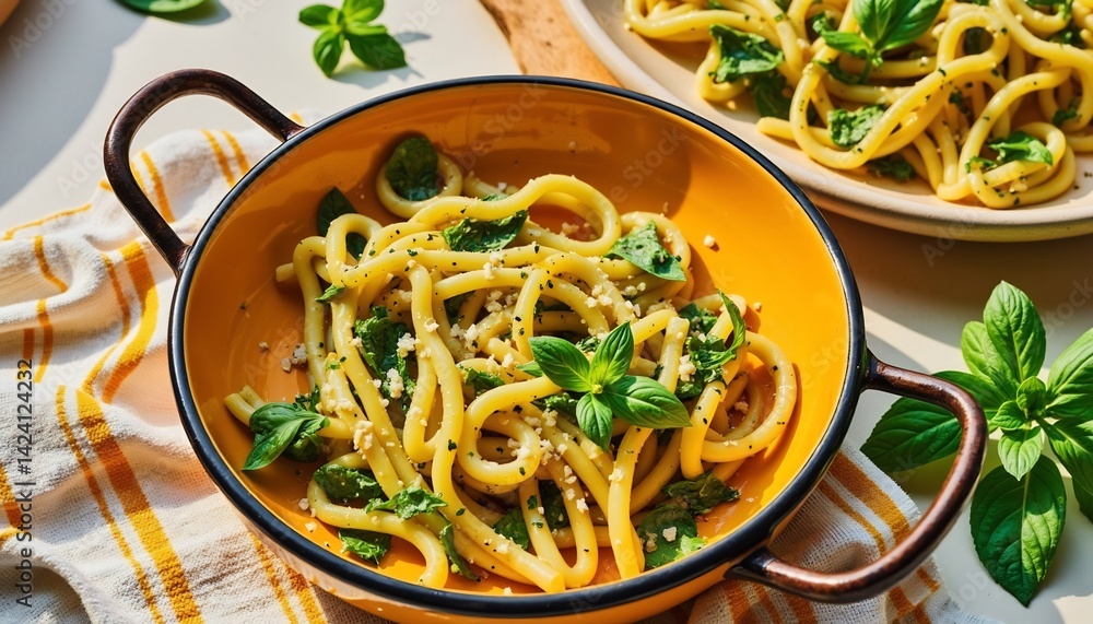 Delicious Bucatini Pasta With Fresh Basil And Grated Cheese In Yellow Bowl Delicious Bucatini Pasta With Fresh Basil And Grated Cheese In Yellow Bowl