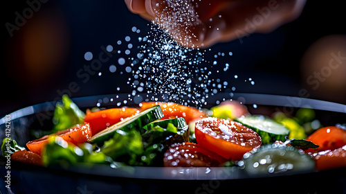 A person sprinkling salt on a bowl of salad