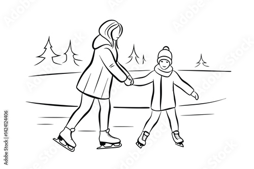 Mother and child winter ice skating outing in a hand drawn minimalist style
